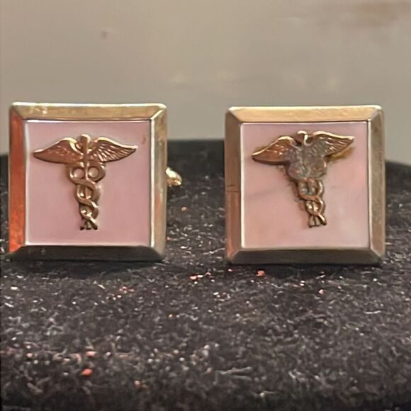 Vintage-1950s-1” square gold/silver tone Caduceus medical bullet back cuff links - Picture 2 of 14